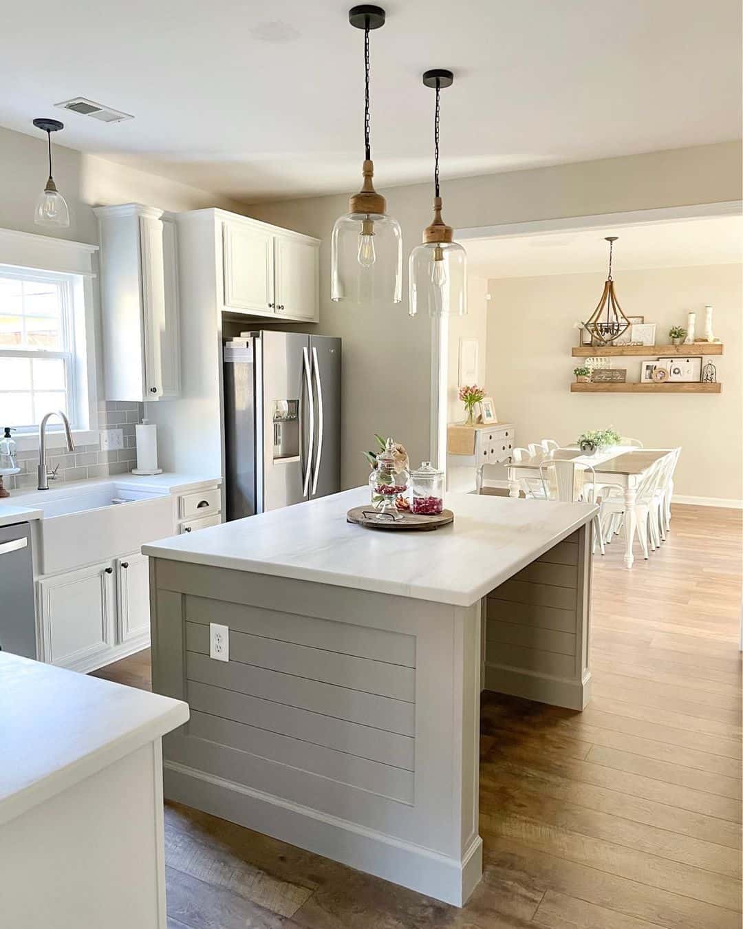 Glass Bell Pendants with Wood Accents Add Warmth