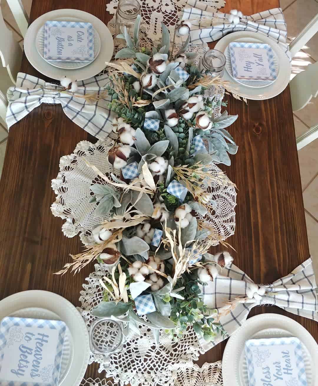 Cotton Bolls and Blue Gingham Ribbon for Farmhouse Garland