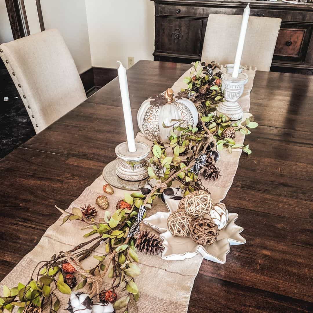 Carved White Pumpkin and Twig Garland for Fall