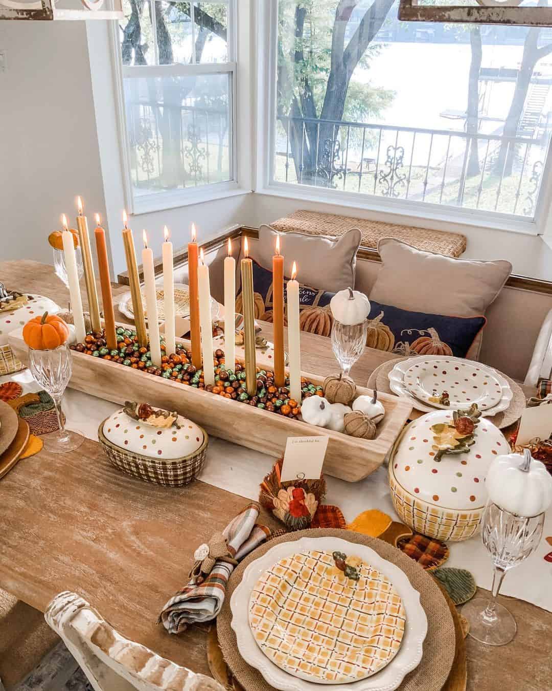 Candles in a Wooden Trough for a Festive Tablescape