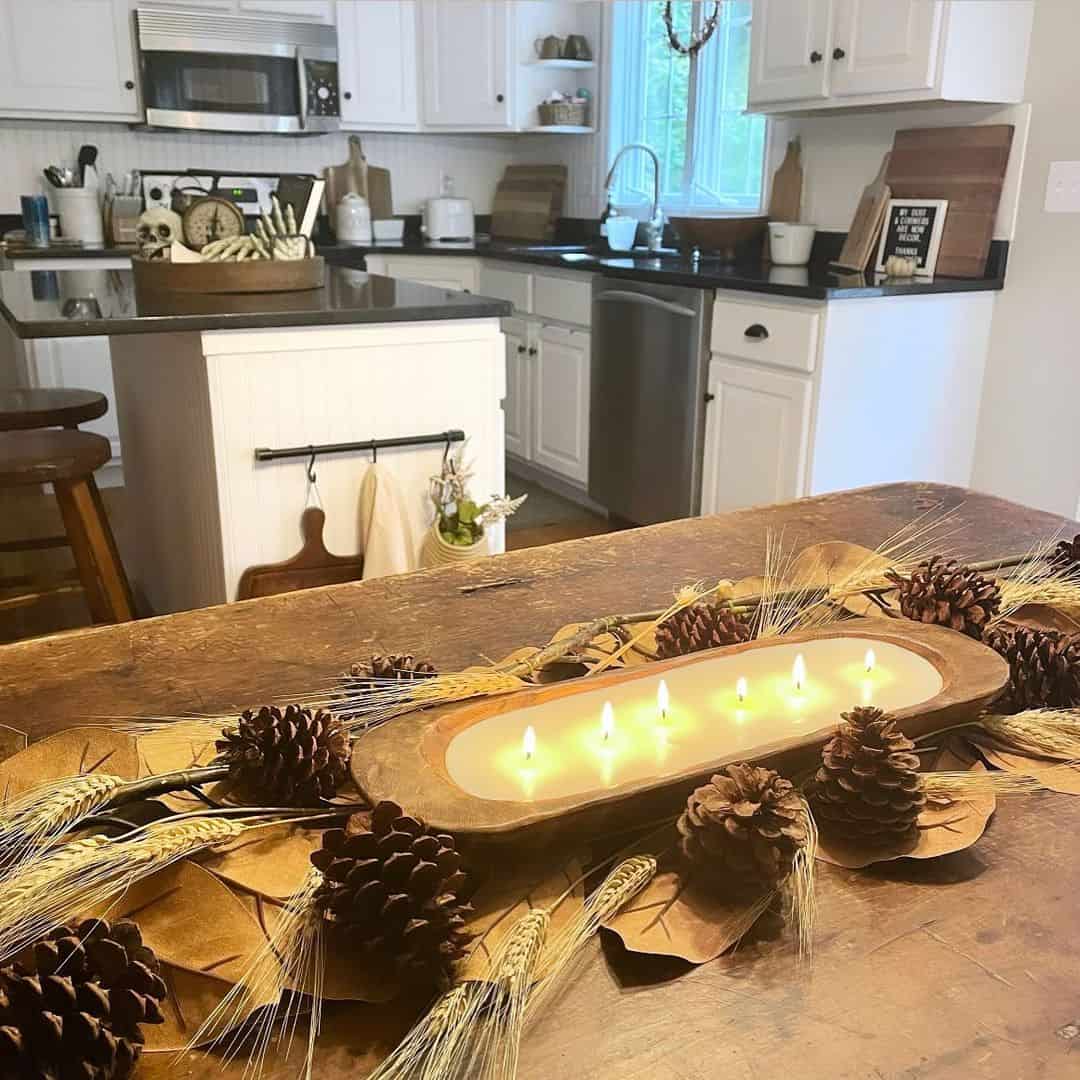 Dough Bowl Candle with Pinecones and Wheat Stalks