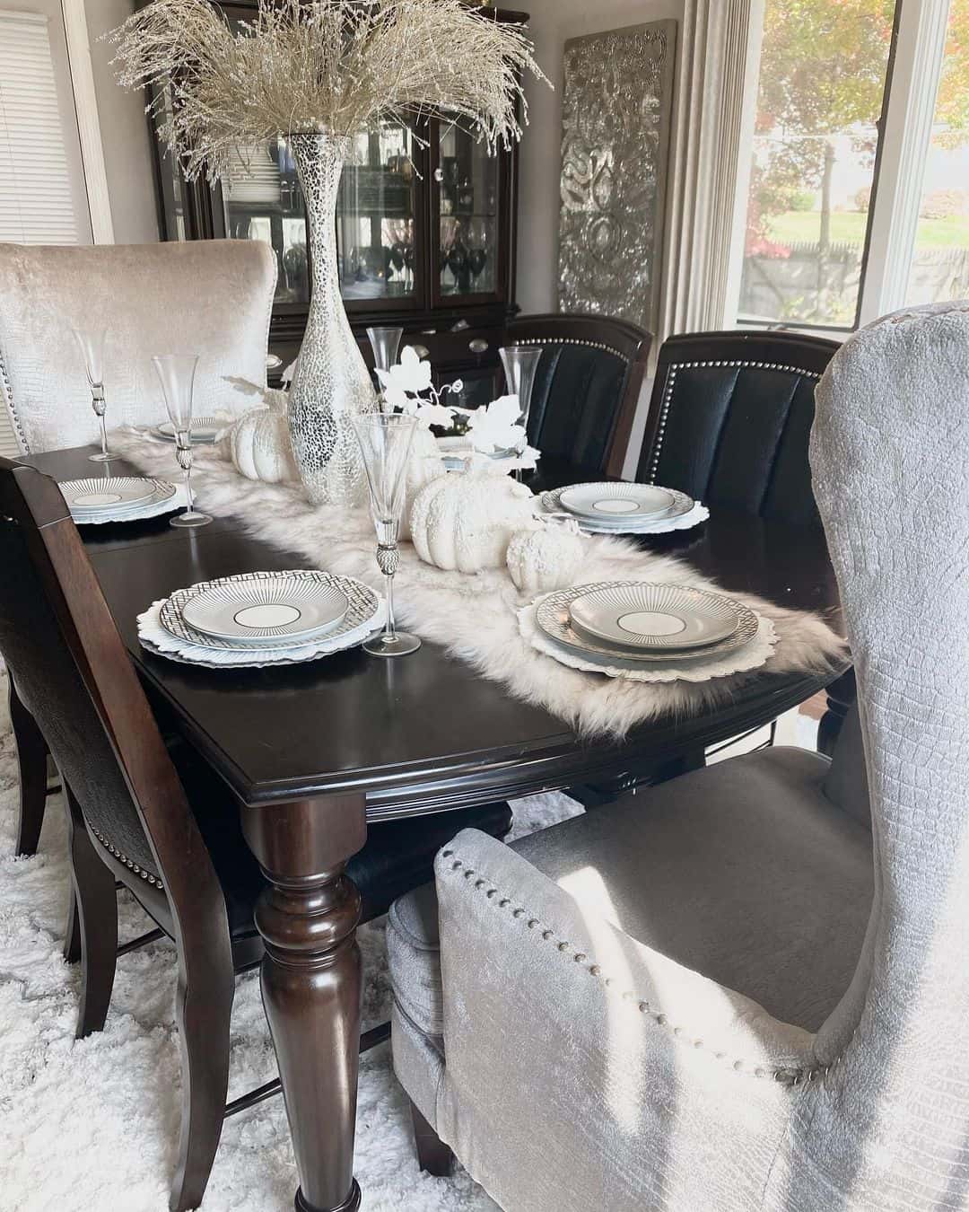 Textured White Pumpkins on a Faux Fur Runner