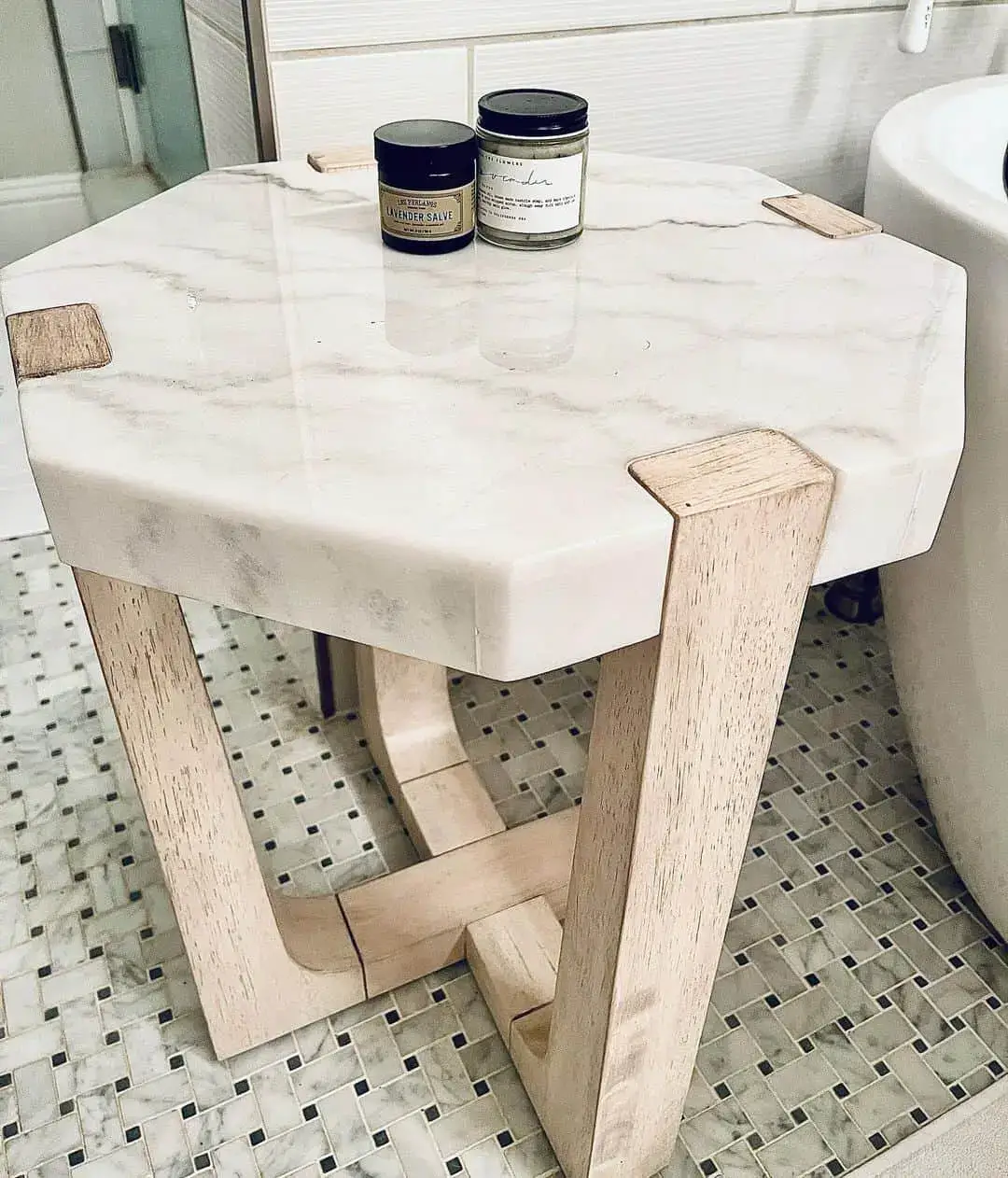 Octagonal Marble Table with Subtle Wood Inlays
