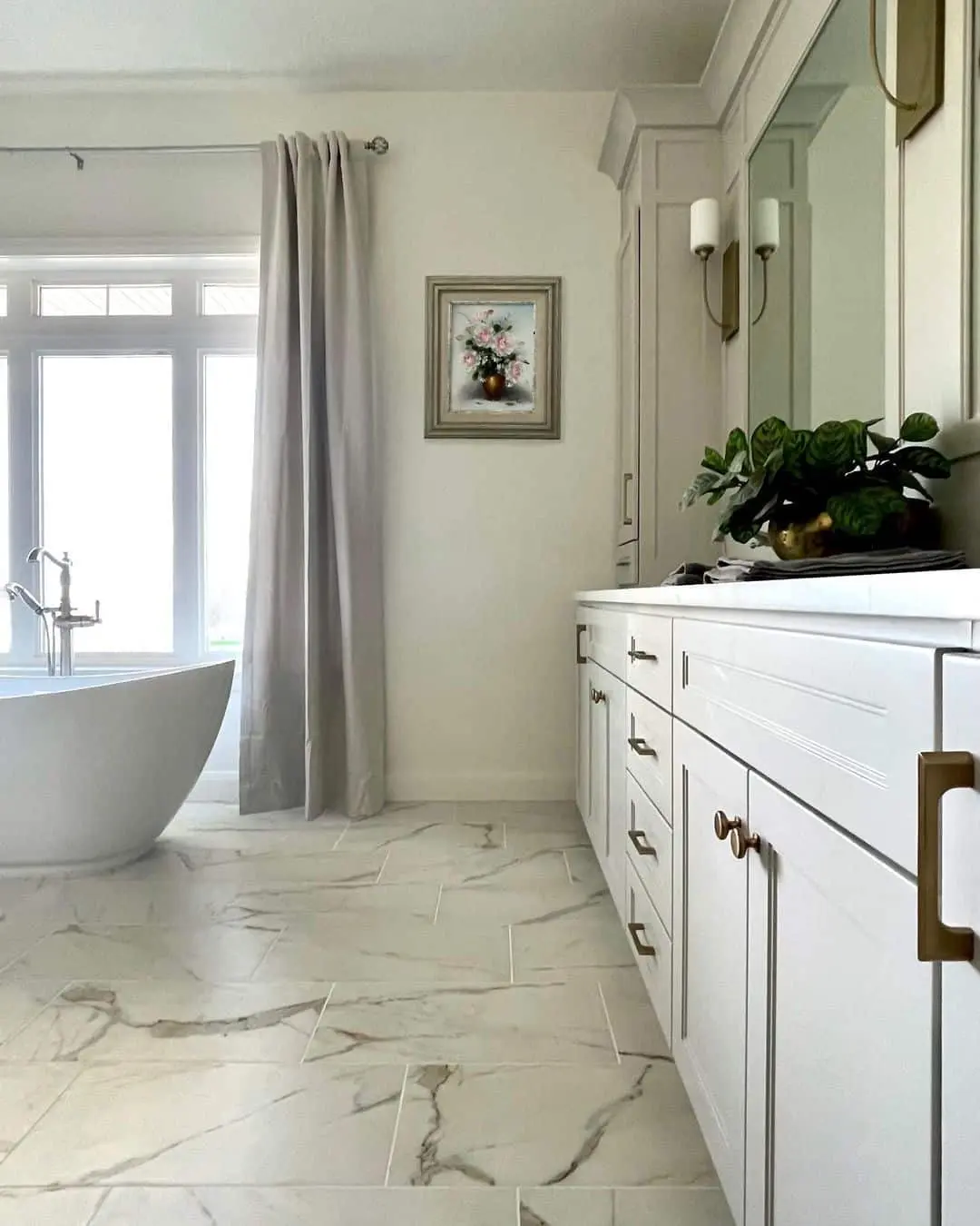 Framed Floral Art Above the Freestanding Tub