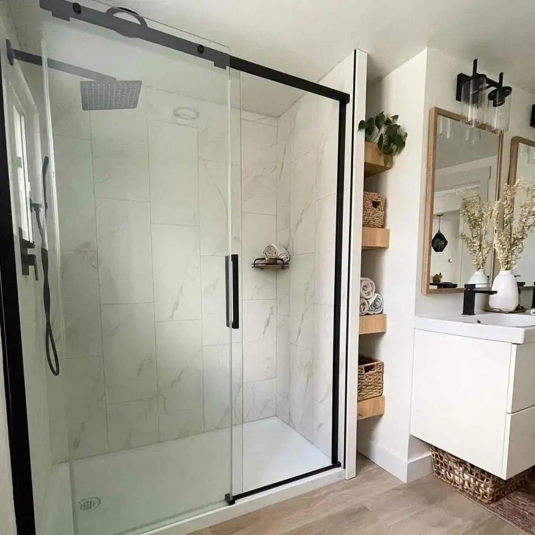 Marble Shower Walls with Minimalist Black Fixtures
