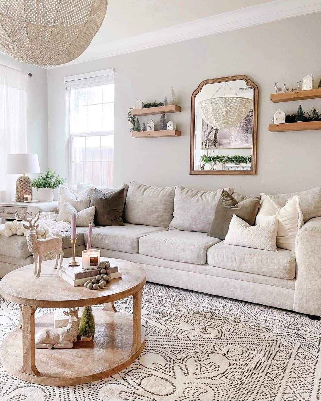 Arched Mirror with Natural Wood Anchors Seating Area