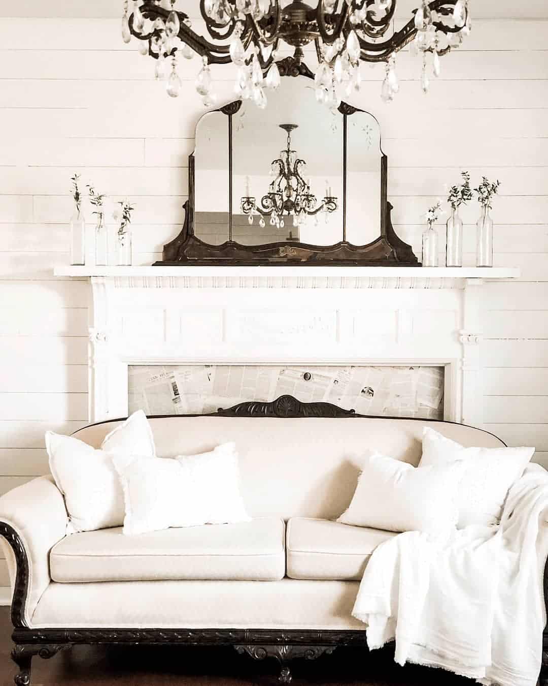 Triple-Panel Mirror Reflects Chandelier and Adds Depth