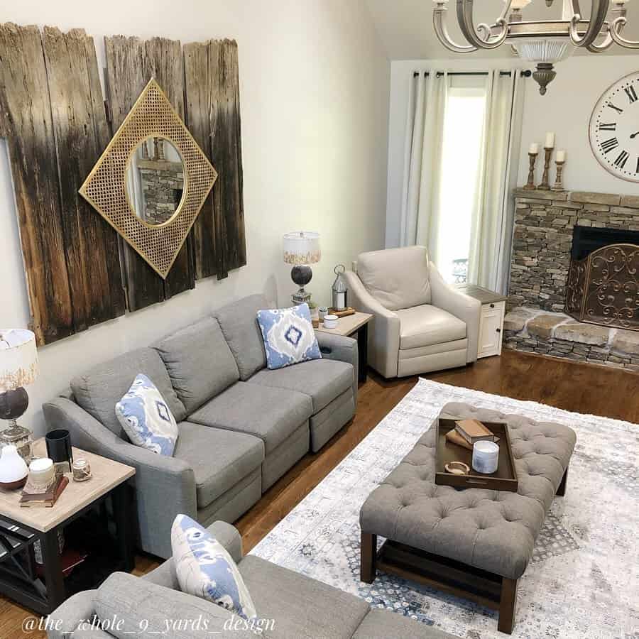 Diamond Mirror Adds Shine Above Rustic Wood Paneling