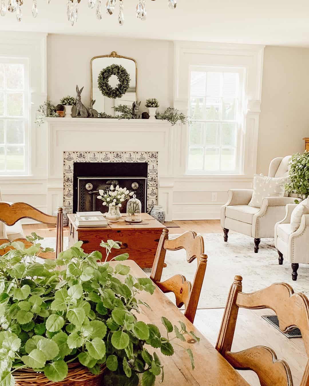 Mirror With Wreath Adds Seasonal Greenery Above Mantel