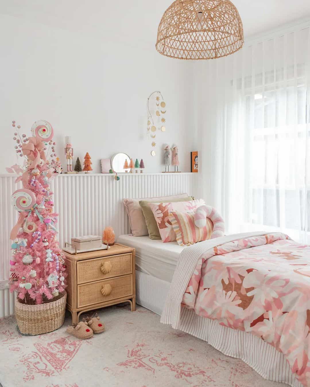 Pink floral bedding brightens a serene room