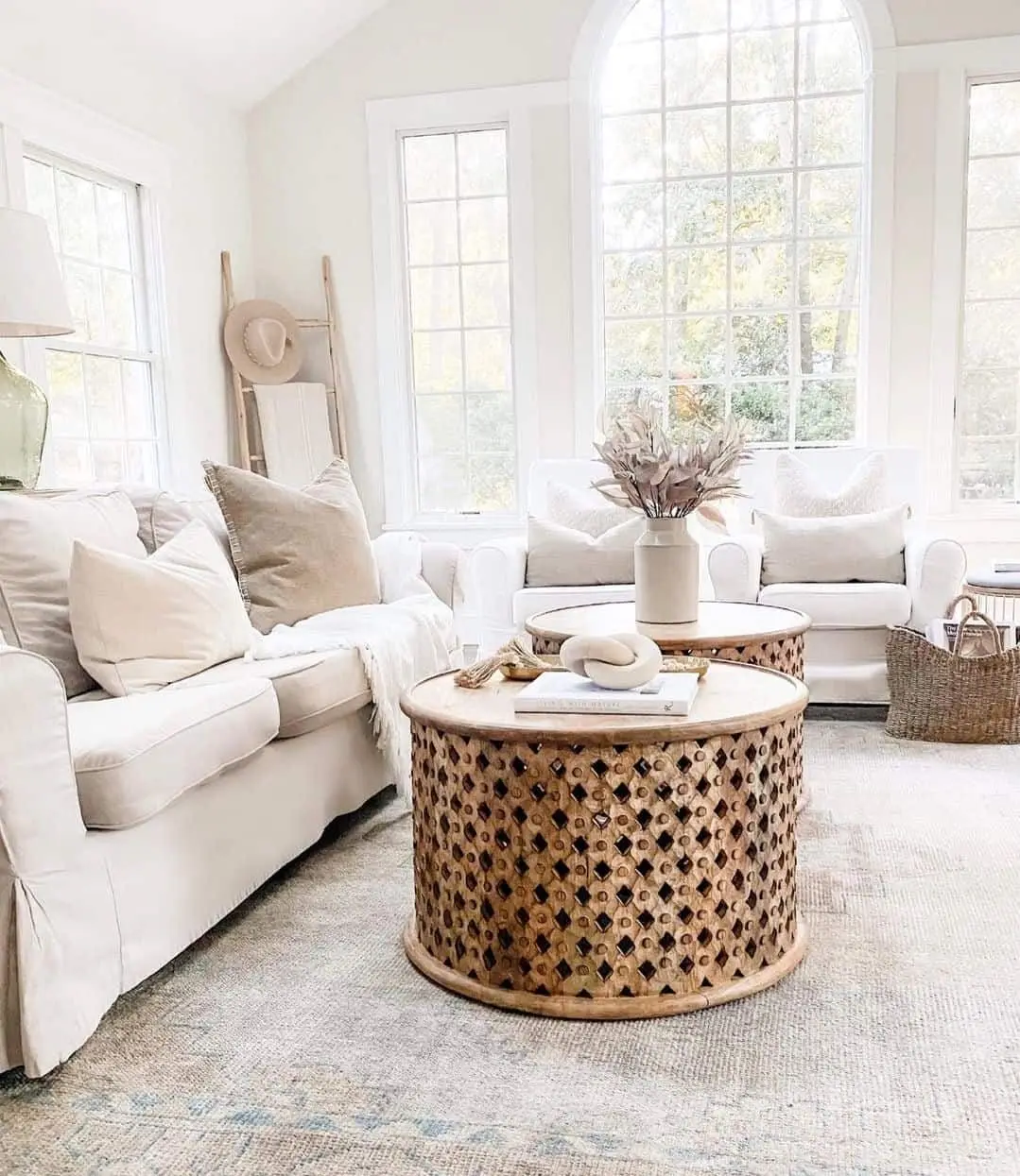 Carved Wooden Drum Table With Geometric Cutouts