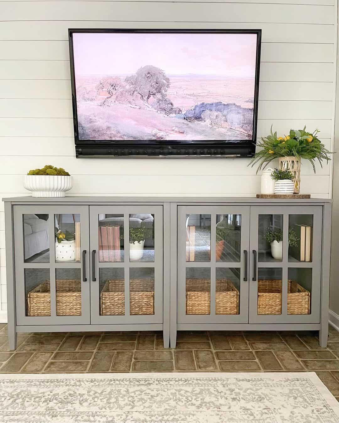 Grey Media Cabinets with Glass Doors and Woven Baskets