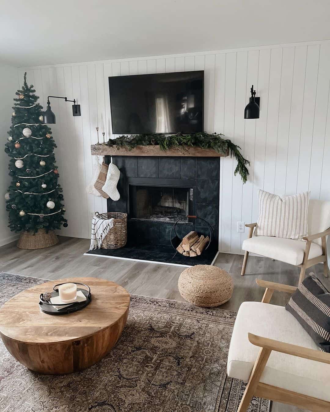 Contrast White Shiplap with a Rustic Fireplace