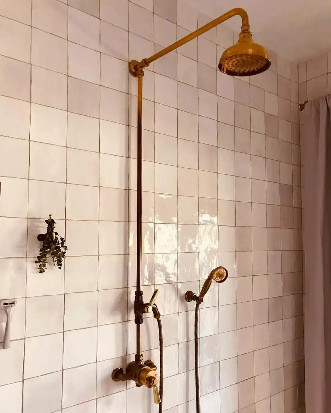 Pair Square White Tiles with Vintage Brass Fixtures