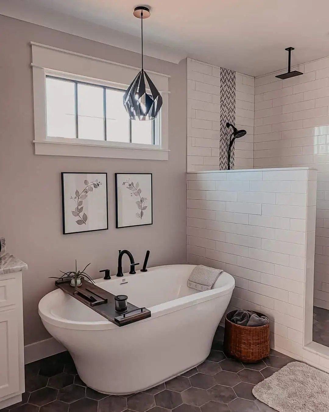 White Subway Tile Shower Walls With Geometric Accent