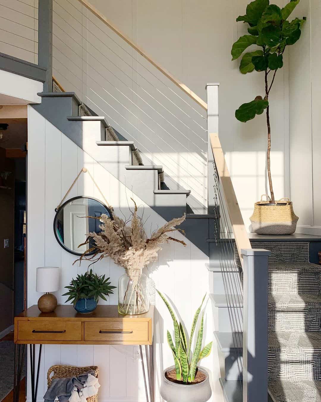 Tall Snake Plant Adds Vertical Interest Next to Staircase