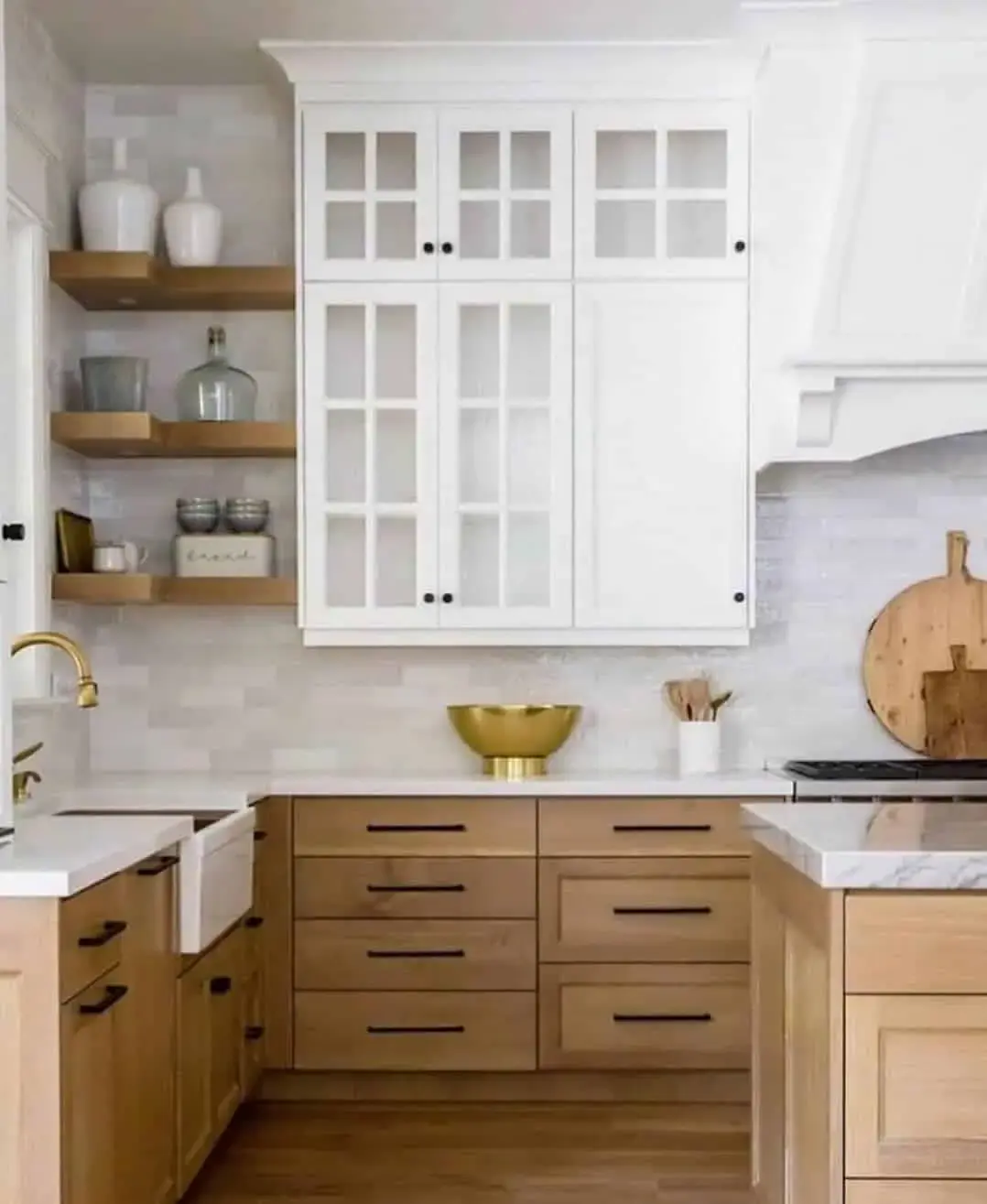 Contrast White Uppers with Natural Wood Base Cabinets