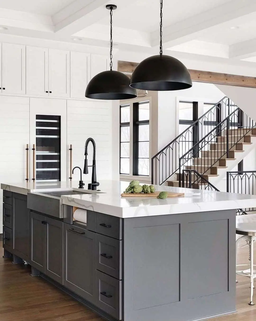 Dark Gray Island Cabinets with White Shiplap Wall Units