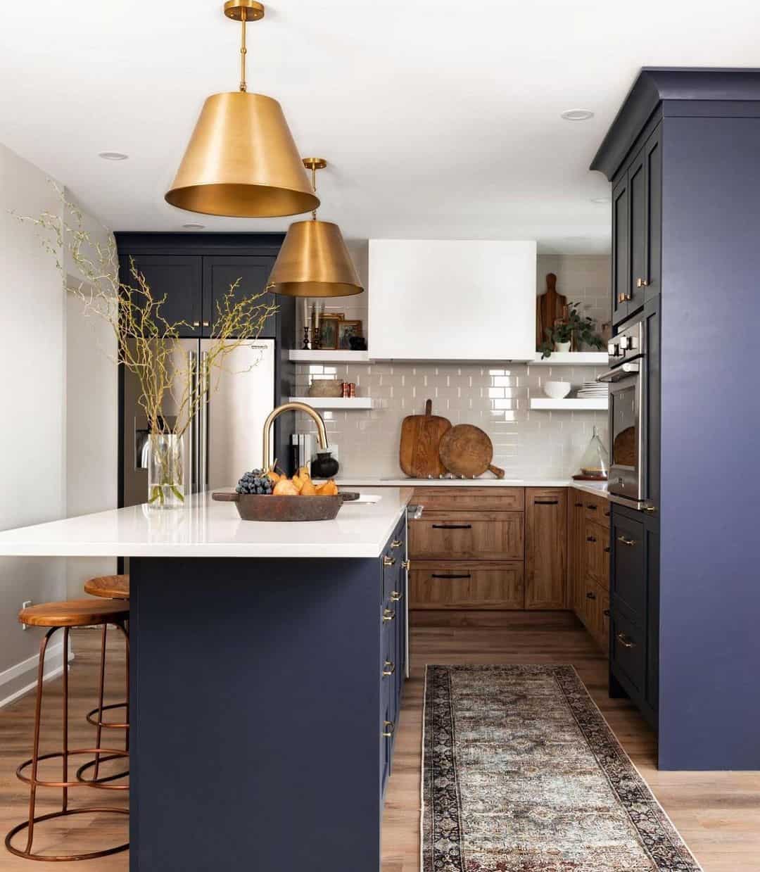 Deep Indigo Island Meets Warm Wood Base Cabinets