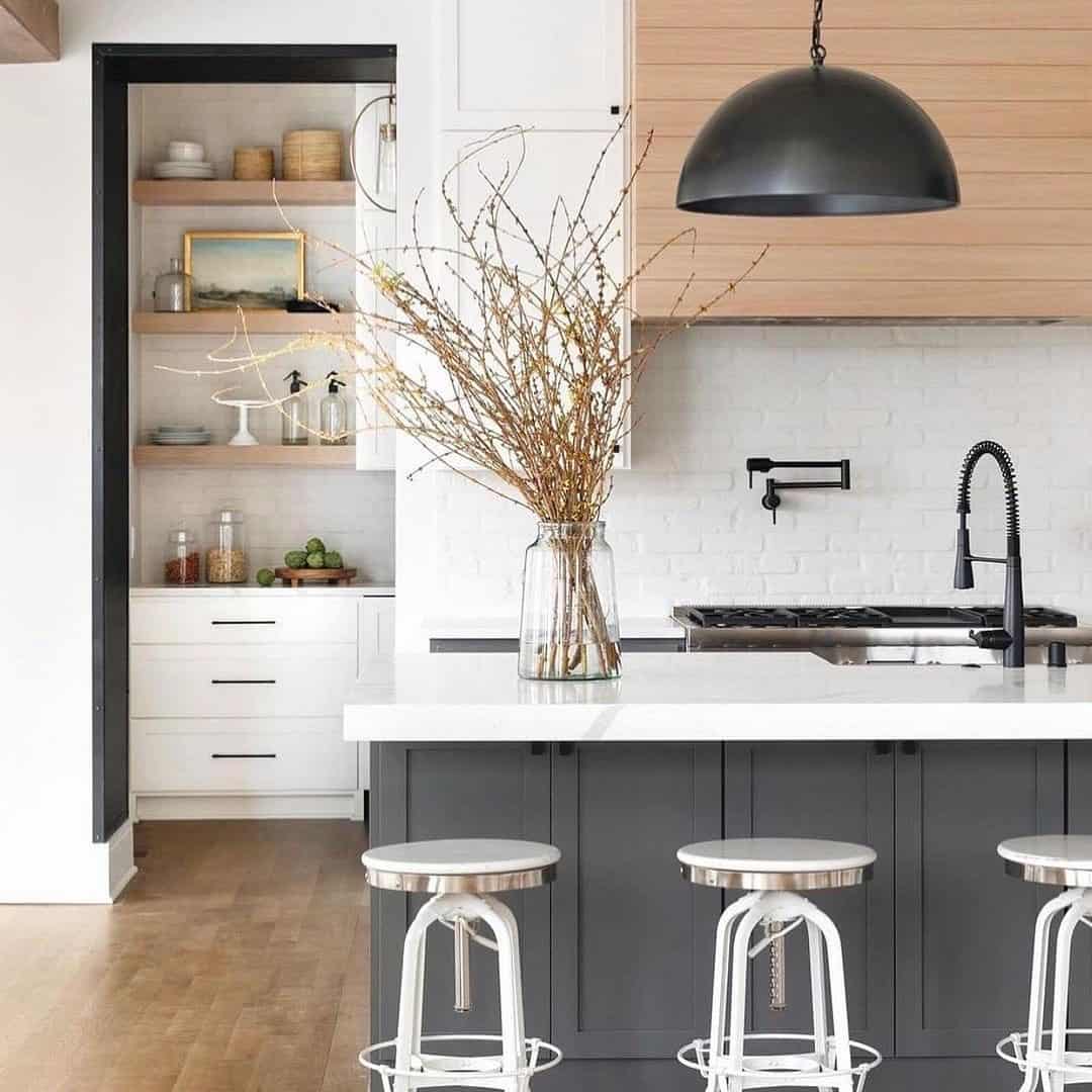 Dark Gray Island Cabinets with Sleek Black Drawer Pulls