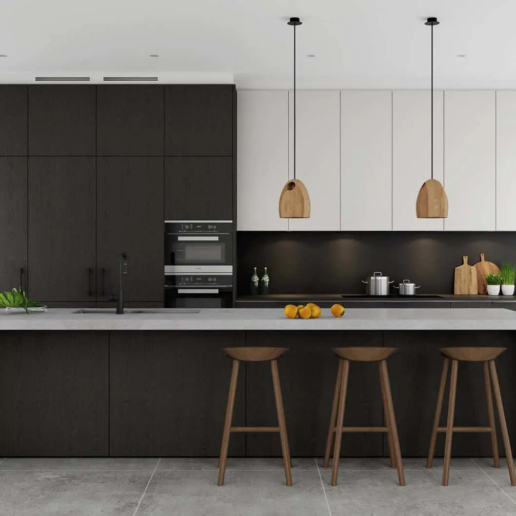 Pair Dark Wood Grain with Crisp White Upper Cabinets