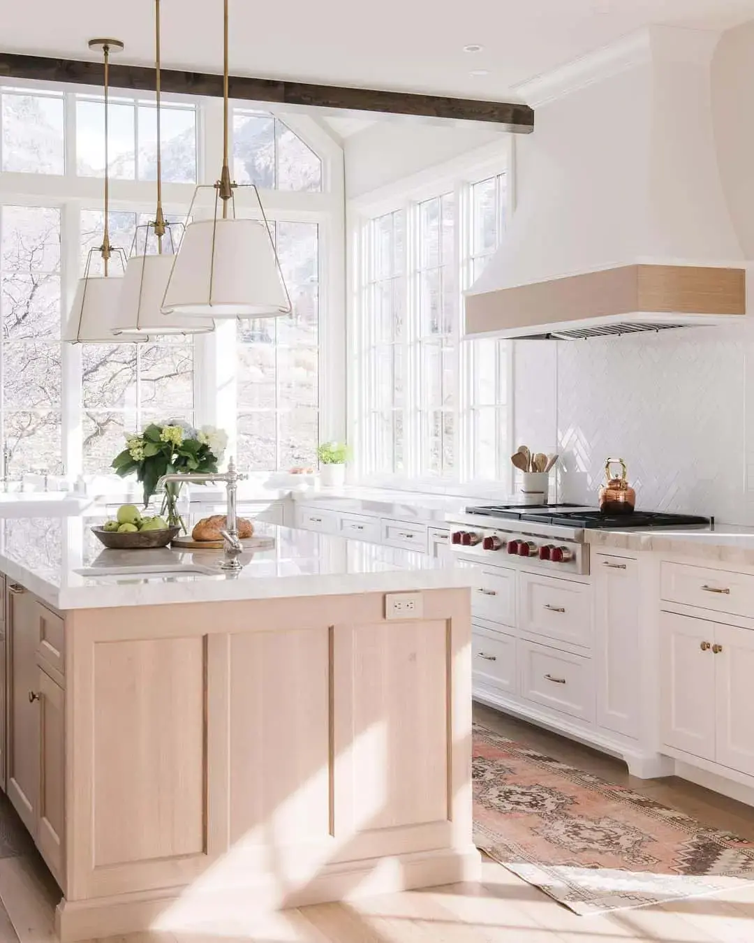Light Wood Island Cabinets Contrast White Perimeter Units