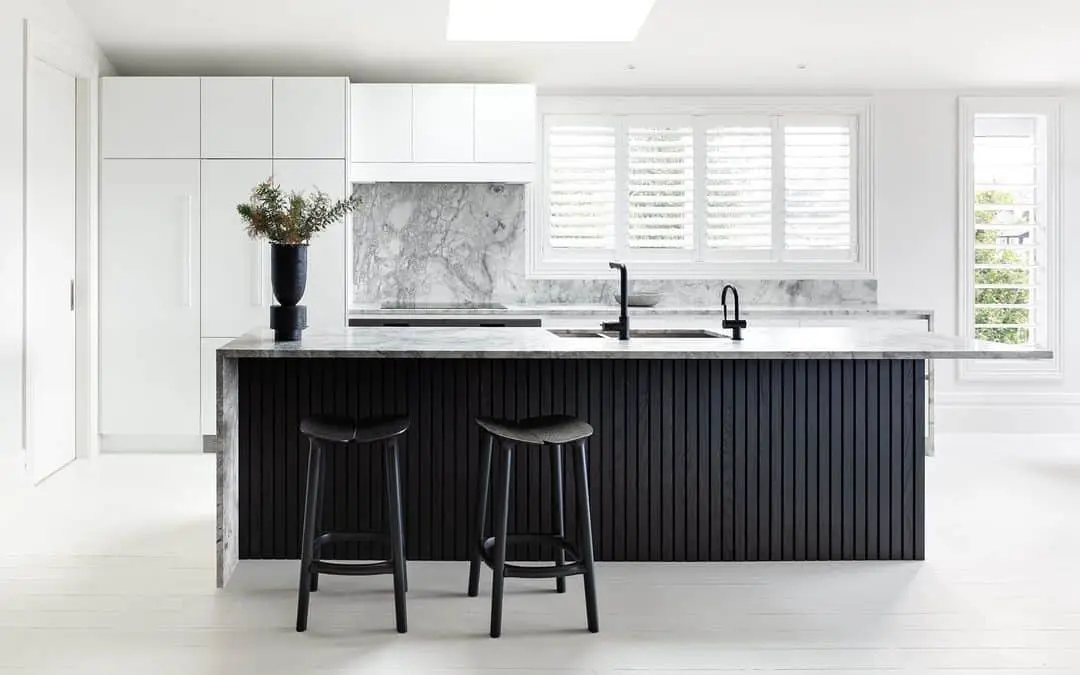 Dark Vertical Slat Island Cabinets Anchor White Kitchen