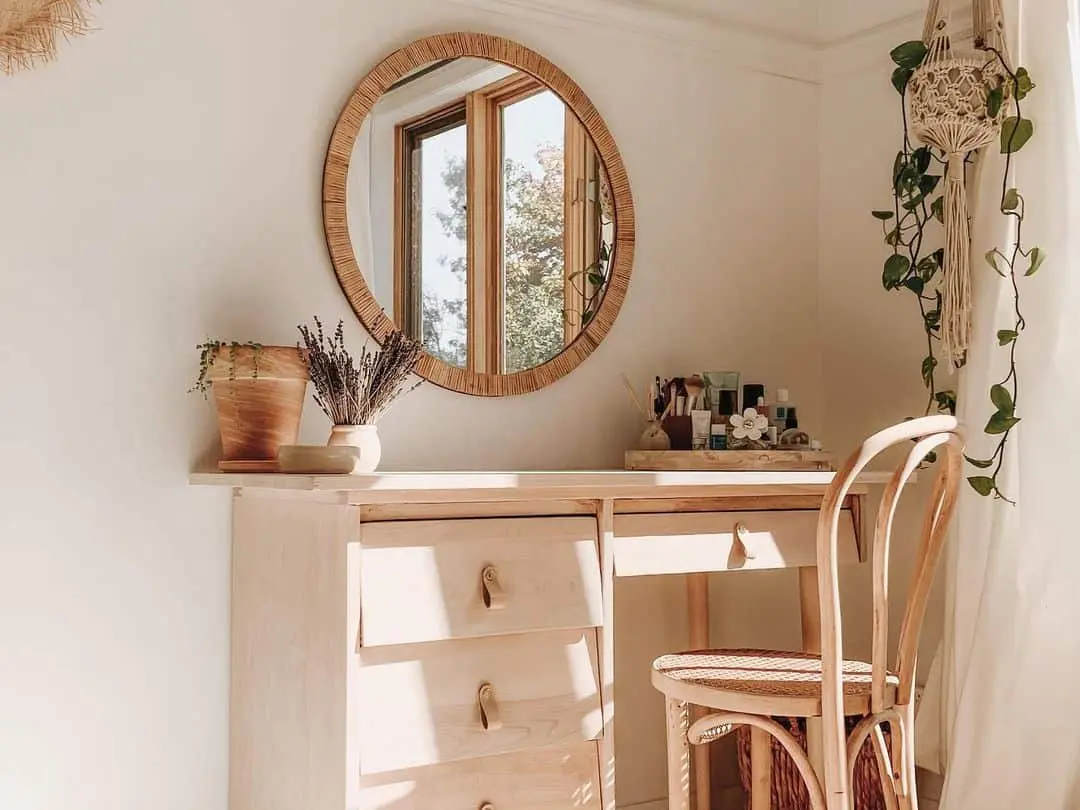 Frame Your Vanity with a Rattan Mirror and Natural Accents