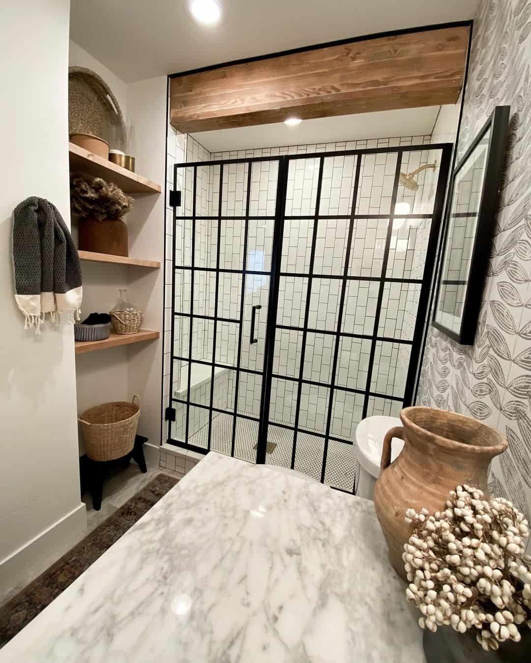Grid Pattern Shower Door Highlights White Subway Tile