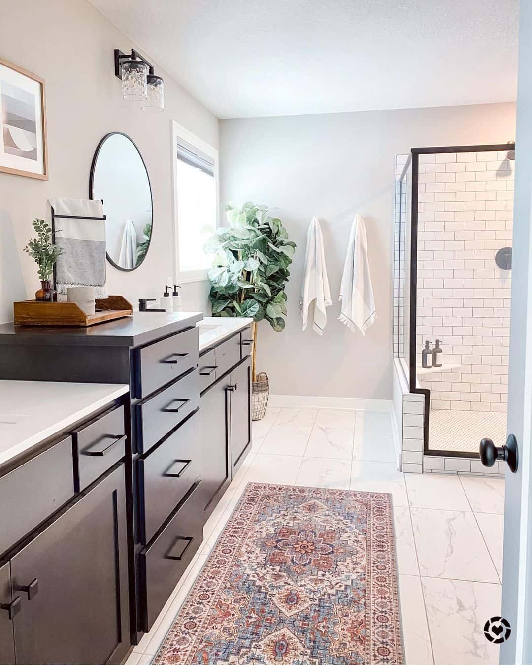 White Subway Tile Shower with Black Trim and Fixtures