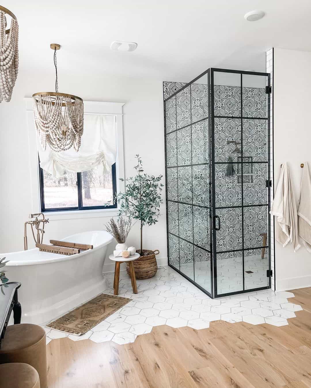 Geometric Tile Panels Frame a Shower Enclosure