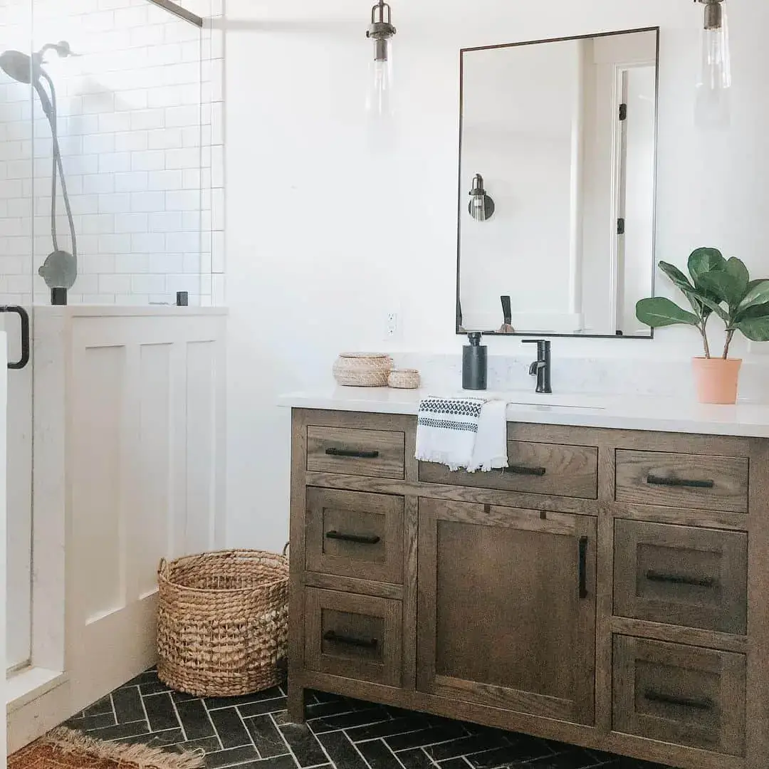 Dark Herringbone Tile Creates a Bold Foundation
