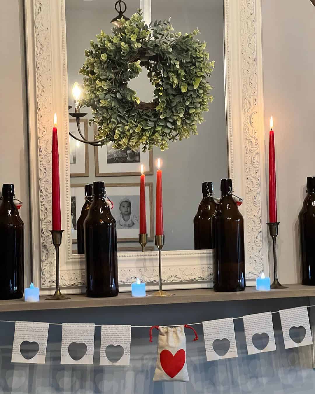 Tall Amber Bottles Frame a Mirror Display