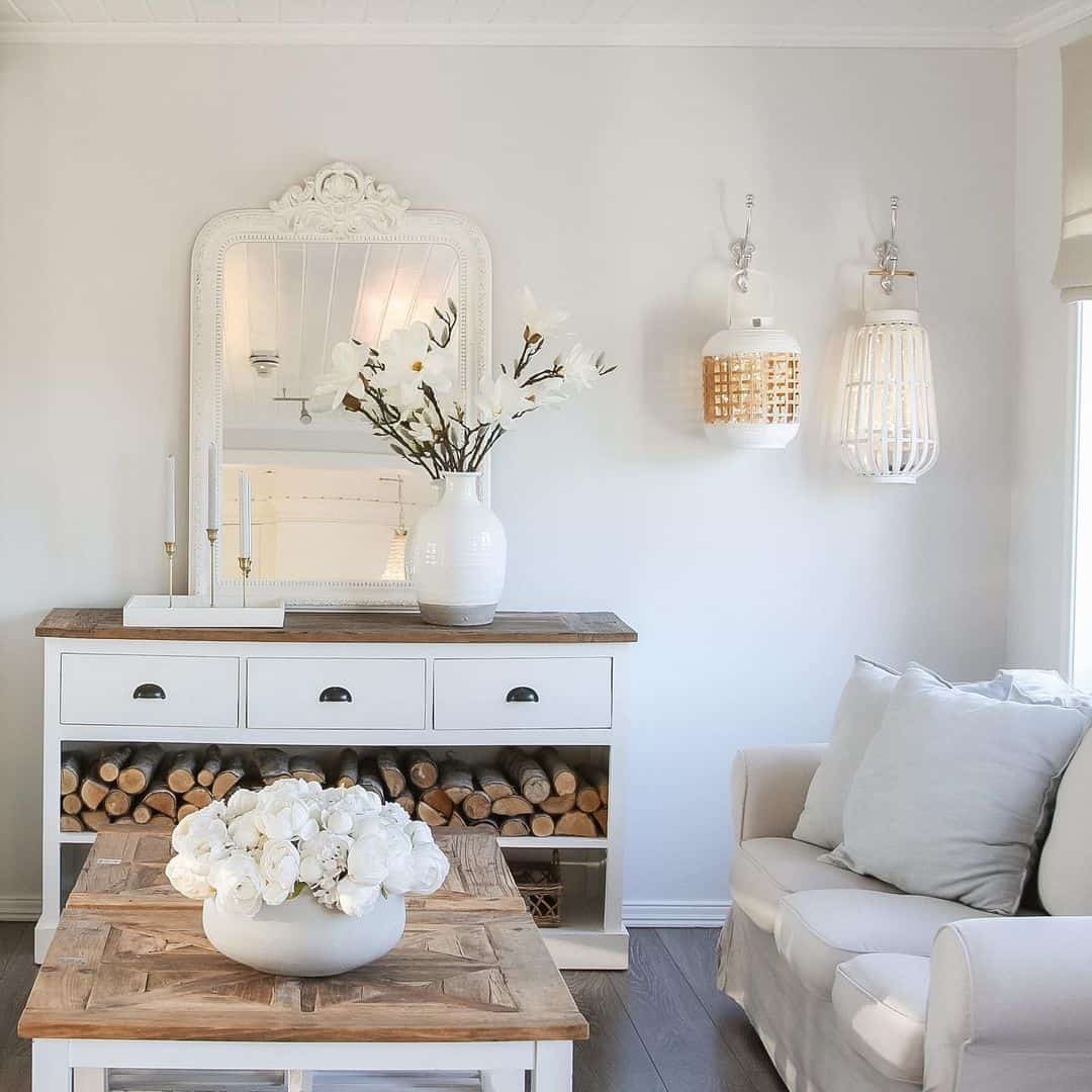 Ornate Mirror Frames a Firewood Storage Console