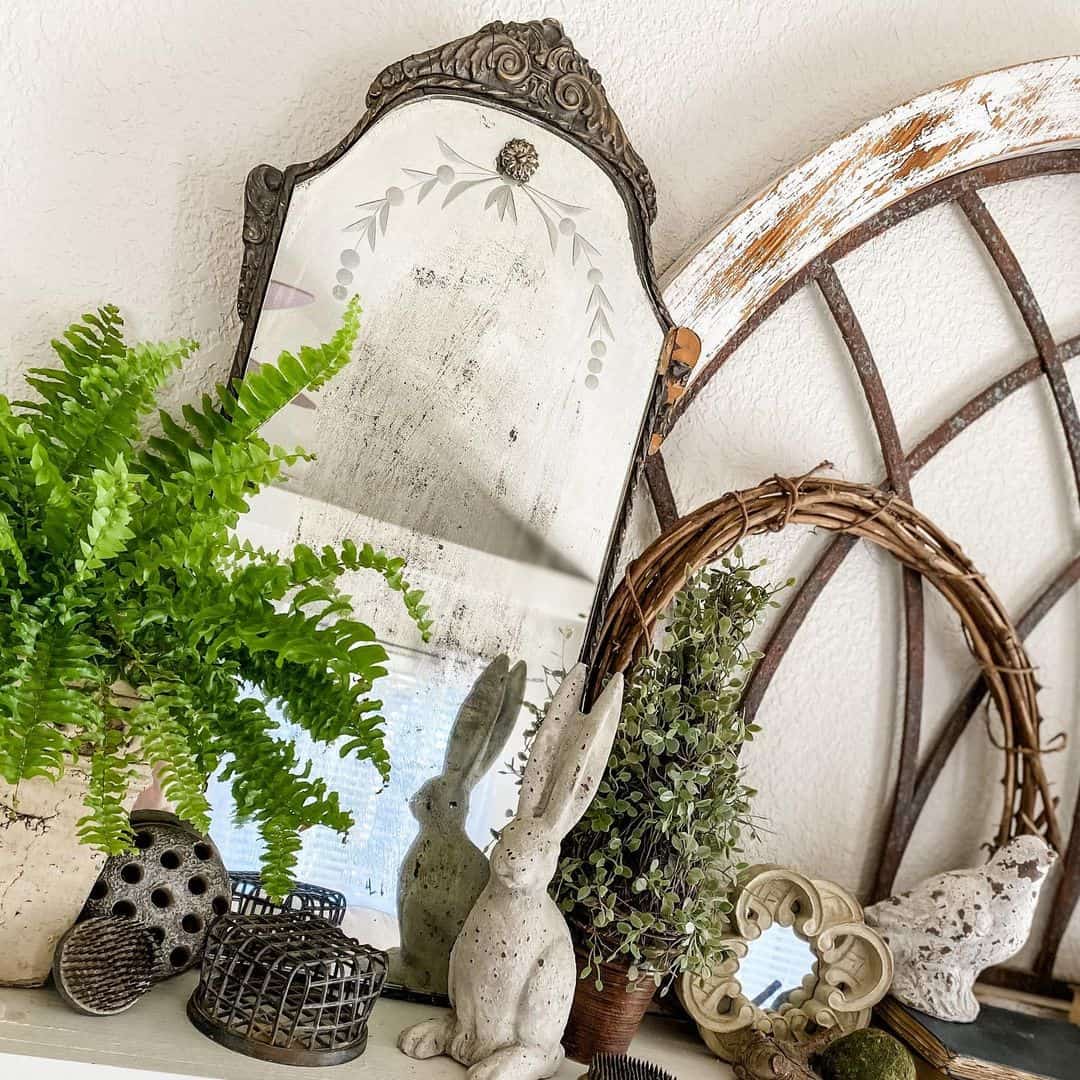 Antique Etched Mirror Reflects Whimsical Bunny Decor
