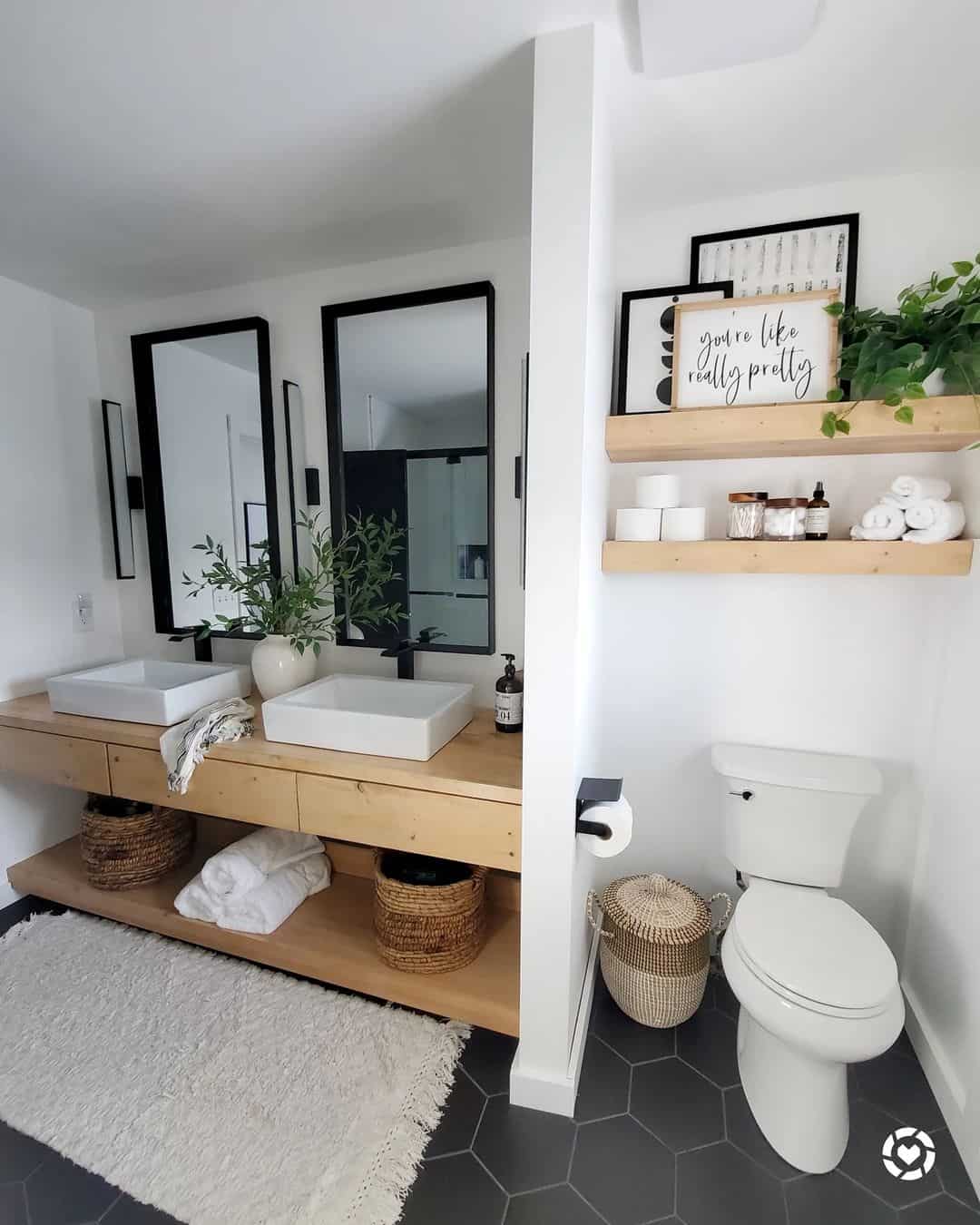 Floating Wood Shelves Display Toiletries and Decor