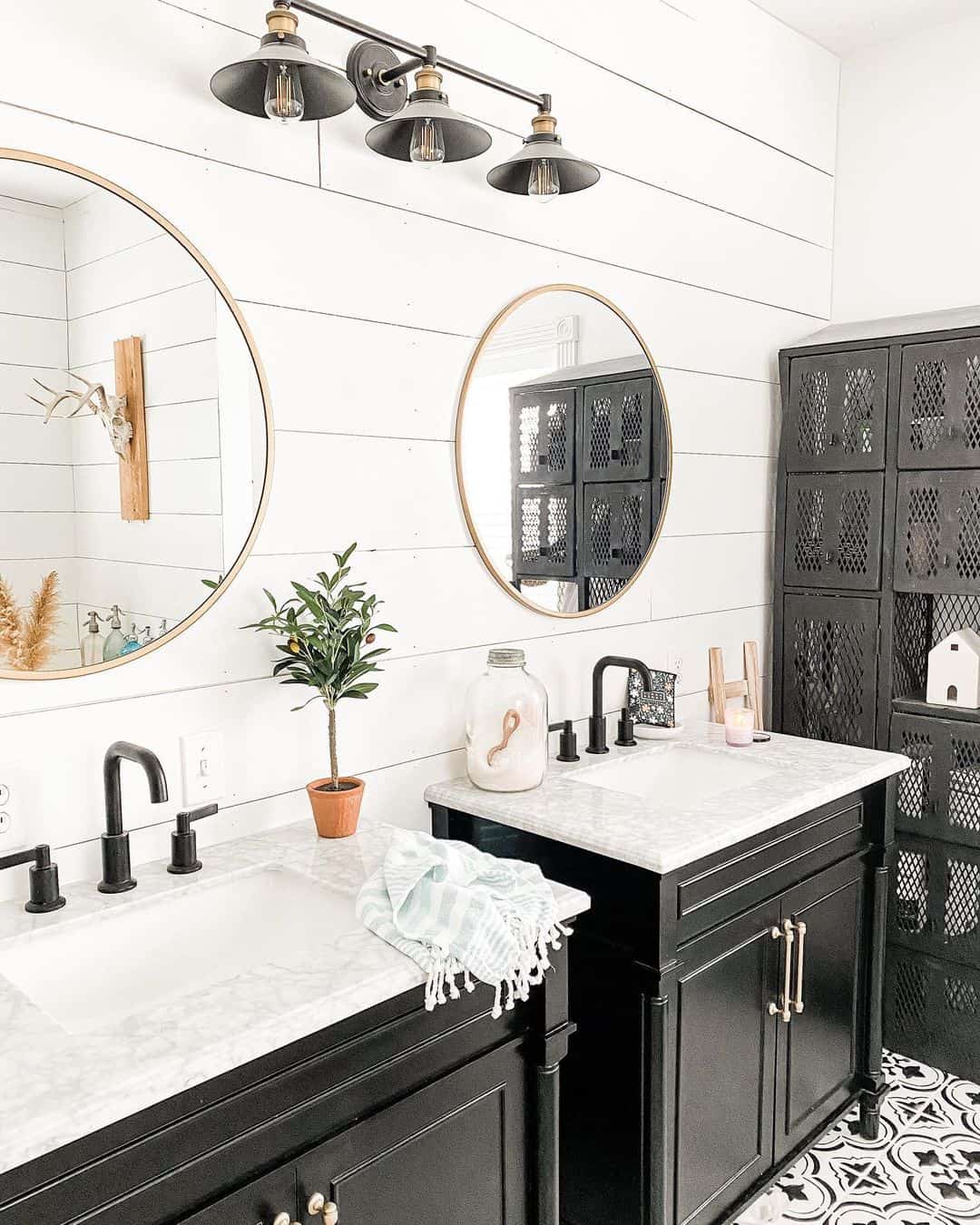 Industrial-Style Vanity Lights Above Double Sinks