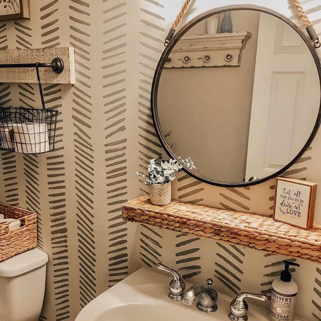 Woven Shelf Adds Natural Texture Below Round Mirror