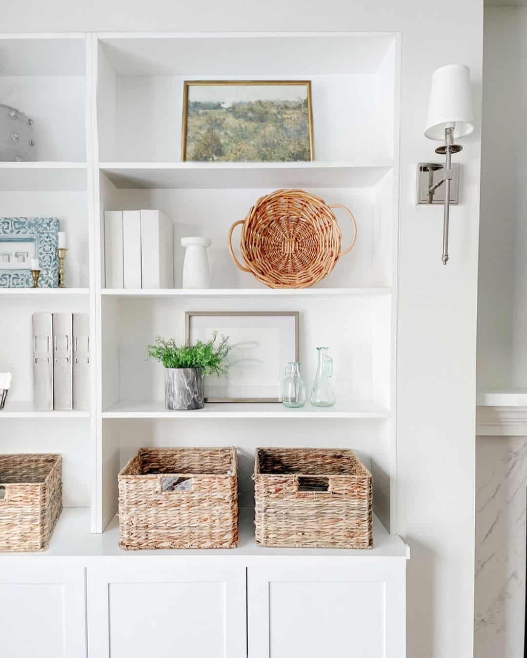 Conceal Clutter with Woven Baskets on Lower Shelves