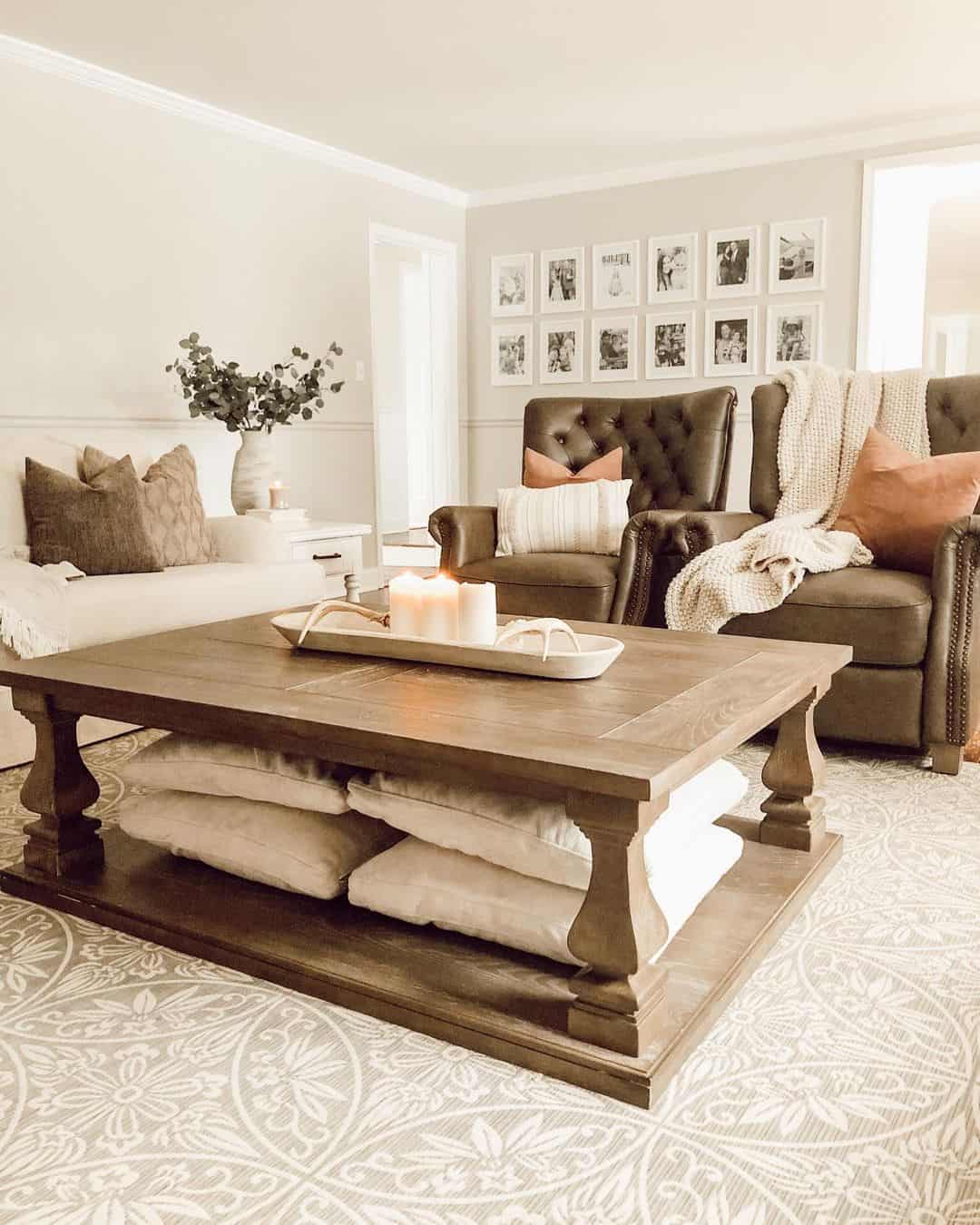 Pillows neatly tucked under a wooden coffee table