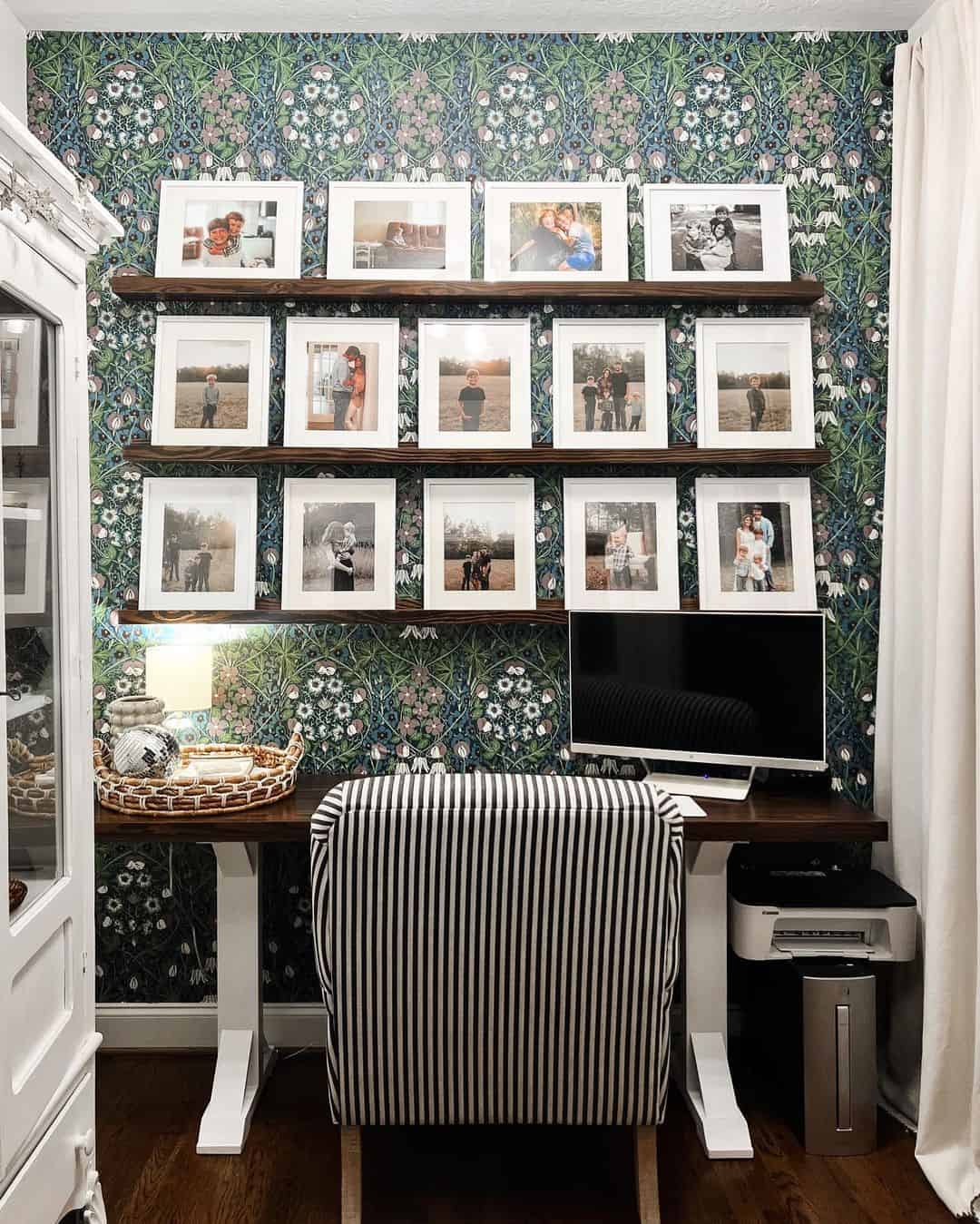 Floating Shelves Display a Gallery of Framed Family Photos