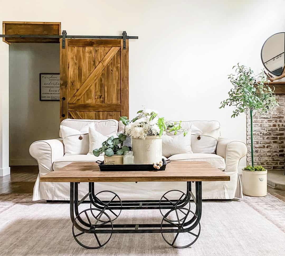 Wheeled metal base coffee table for rustic charm