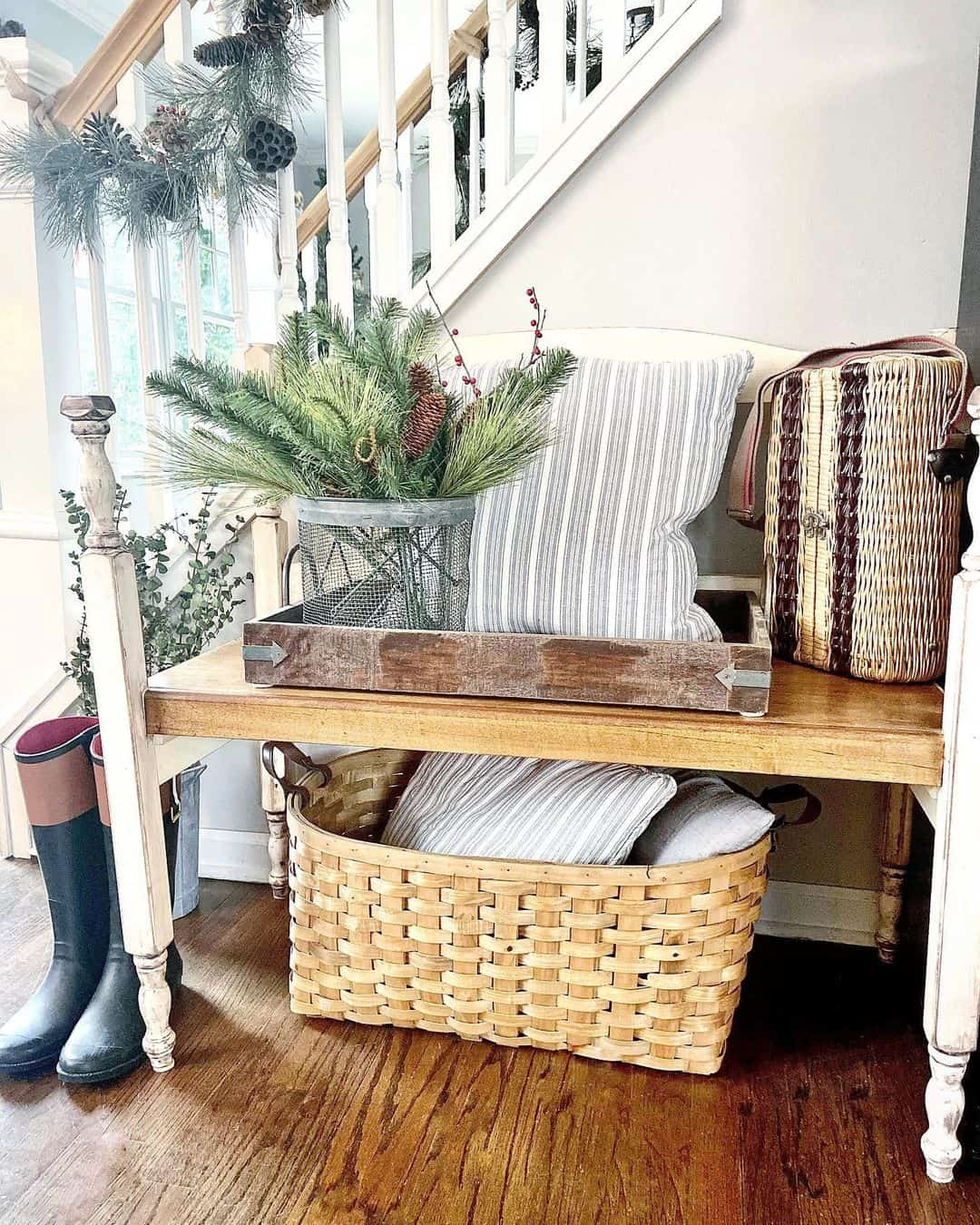 Oval Woven Basket Holds Cushions Under Bench