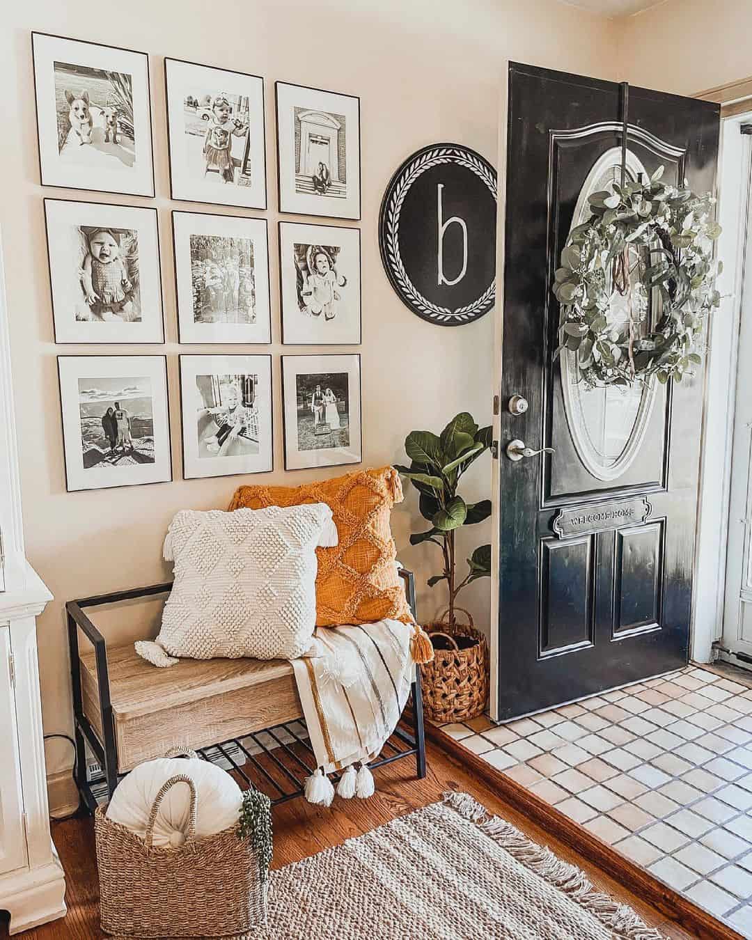 Gallery Wall Above Bench Creates a Welcoming Entryway Display