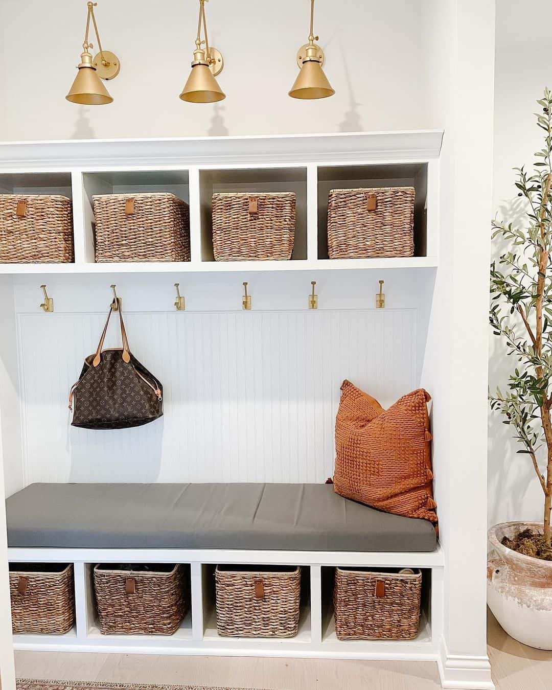 Woven Baskets with Leather Tabs for Bench Cubbies
