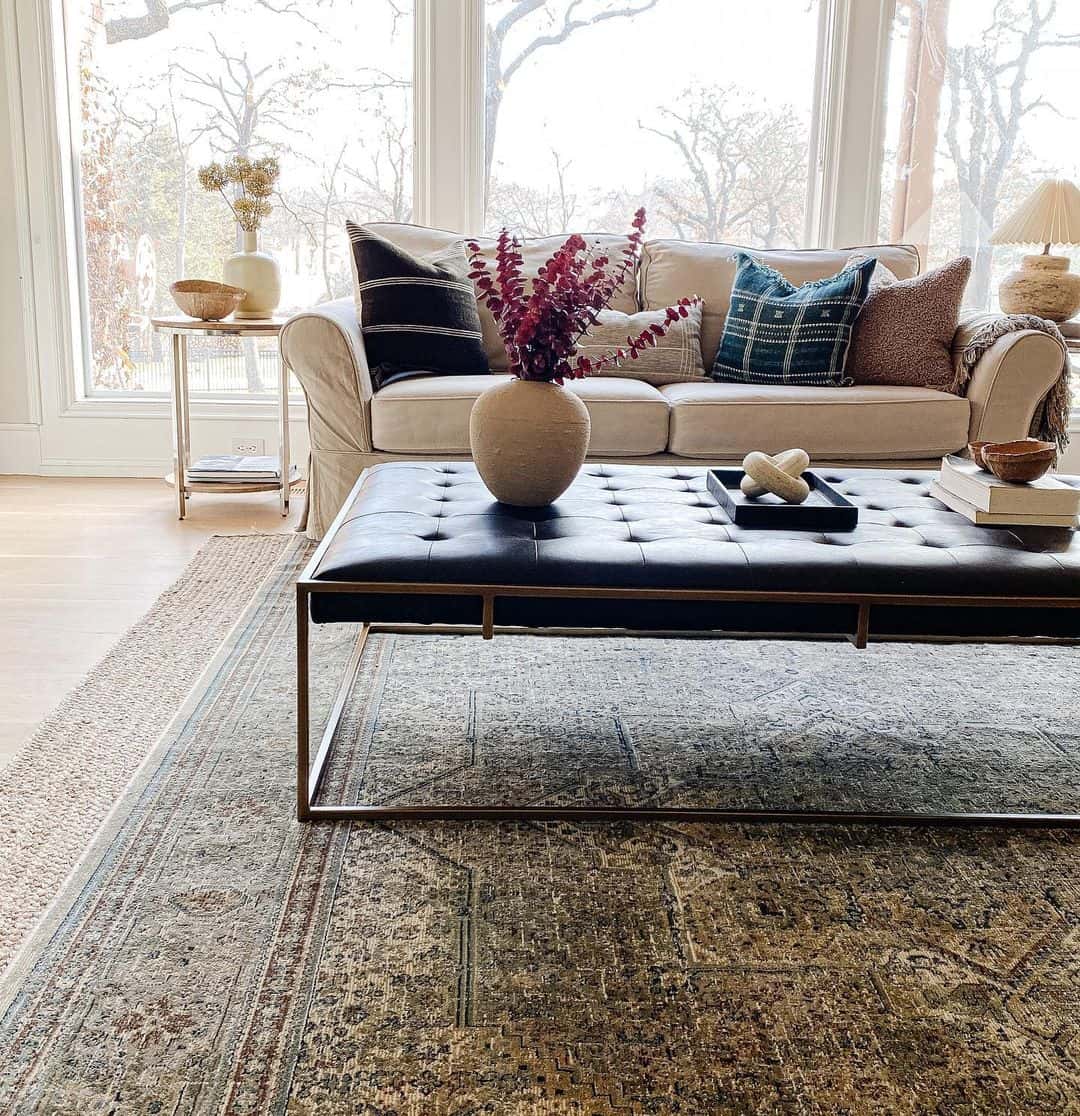 Black Leather Ottoman with Minimalist Metal Frame