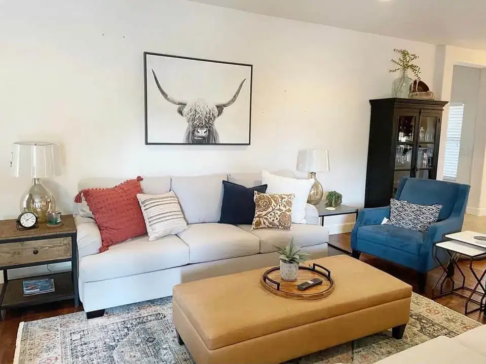 Tan Leather Ottoman with Tray for Easy Styling