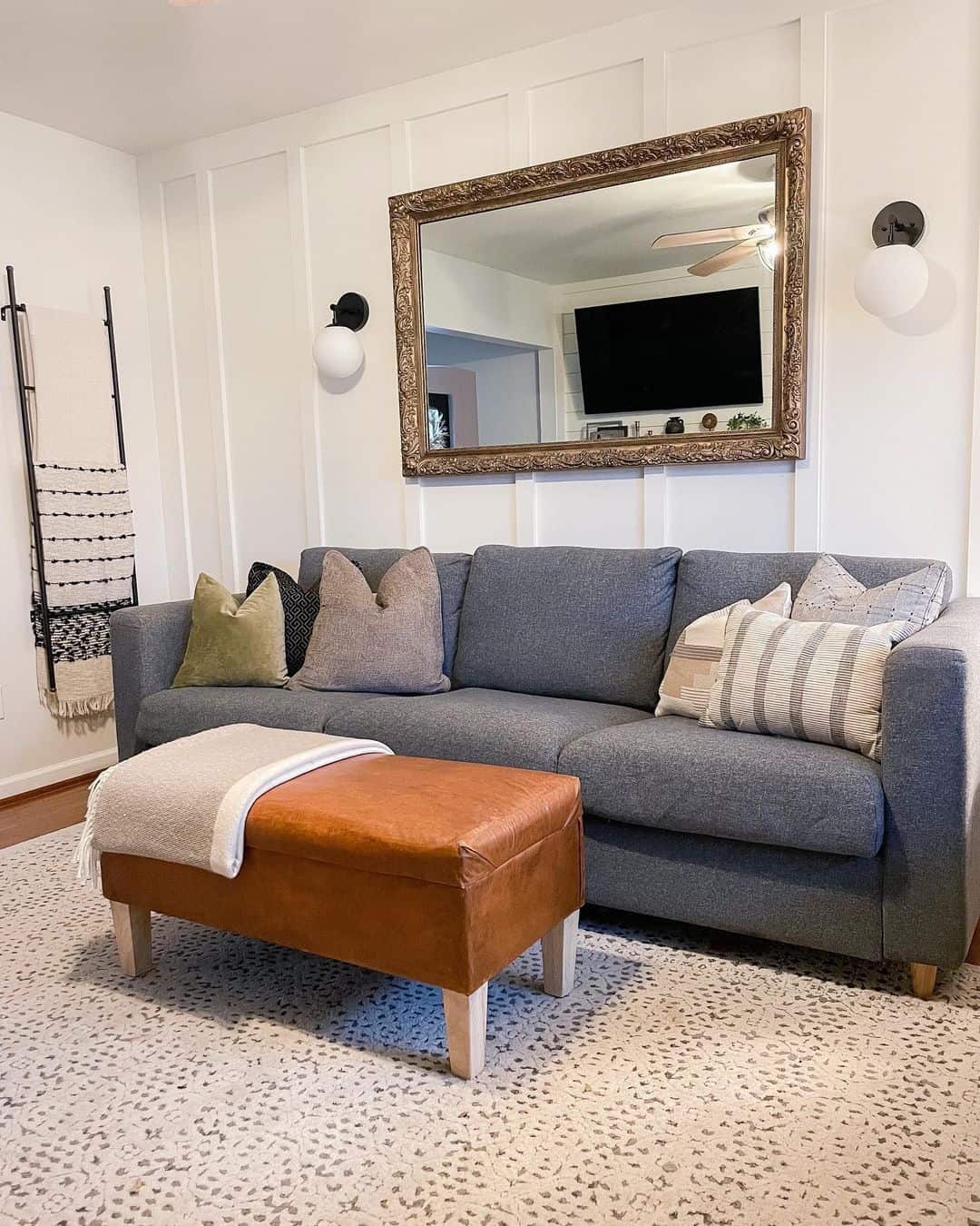 Cognac Leather Ottoman with Wood Legs for Natural Contrast
