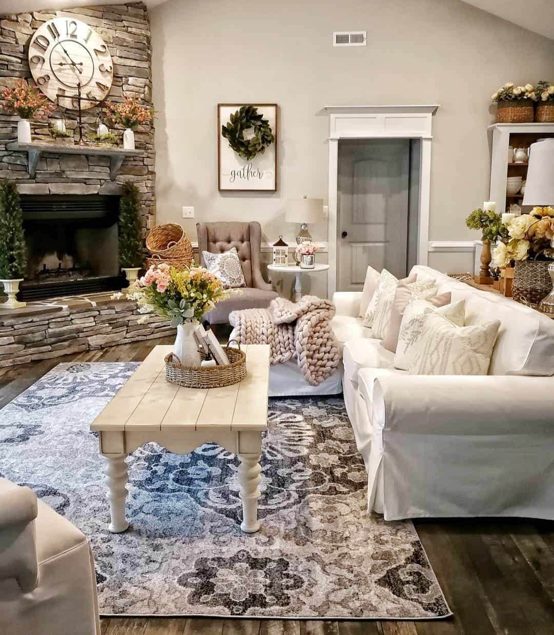 Creamy White Coffee Table with Turned Legs Grounds Patterned Rug