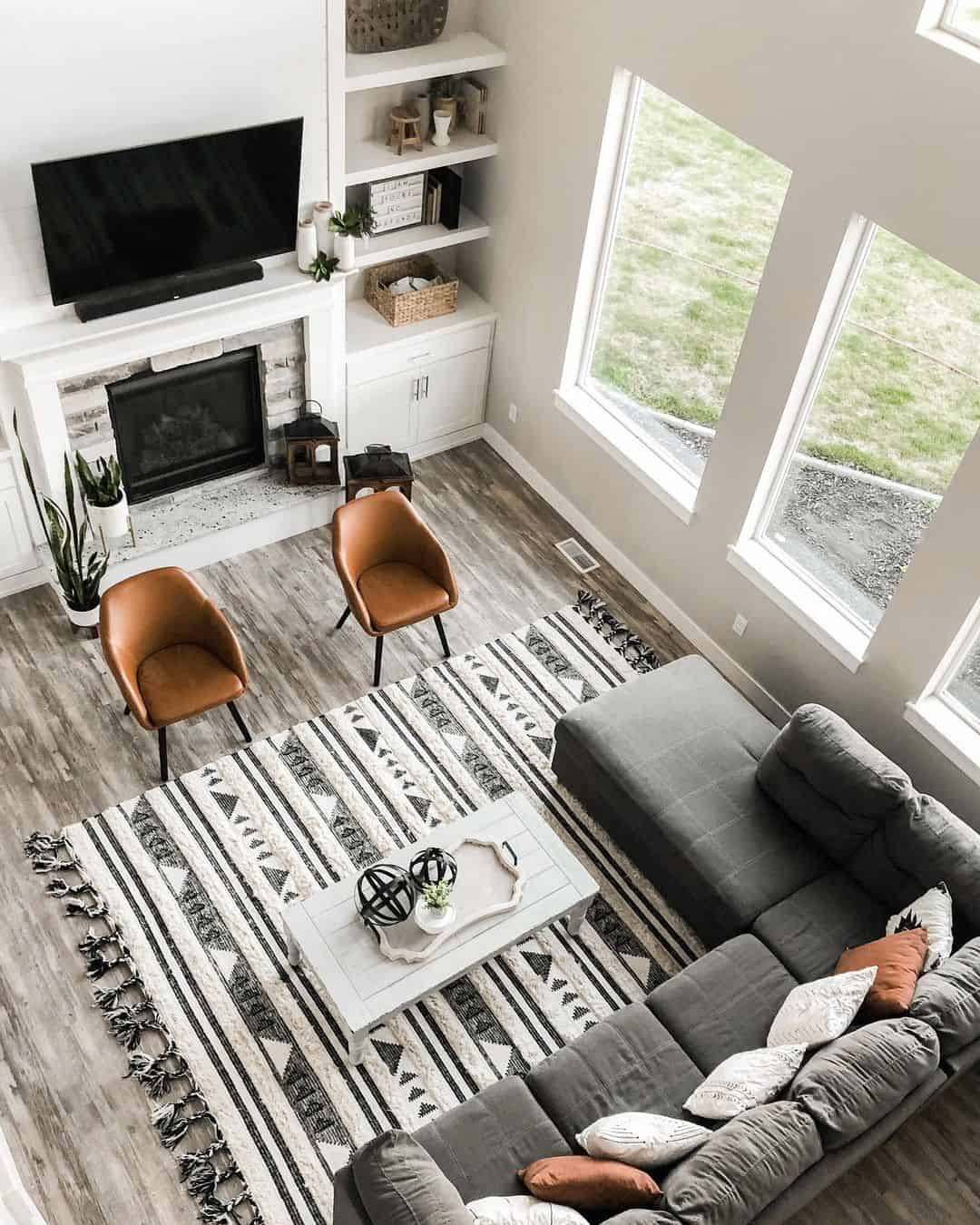 White Rectangular Coffee Table Anchors Boho Rug Pattern
